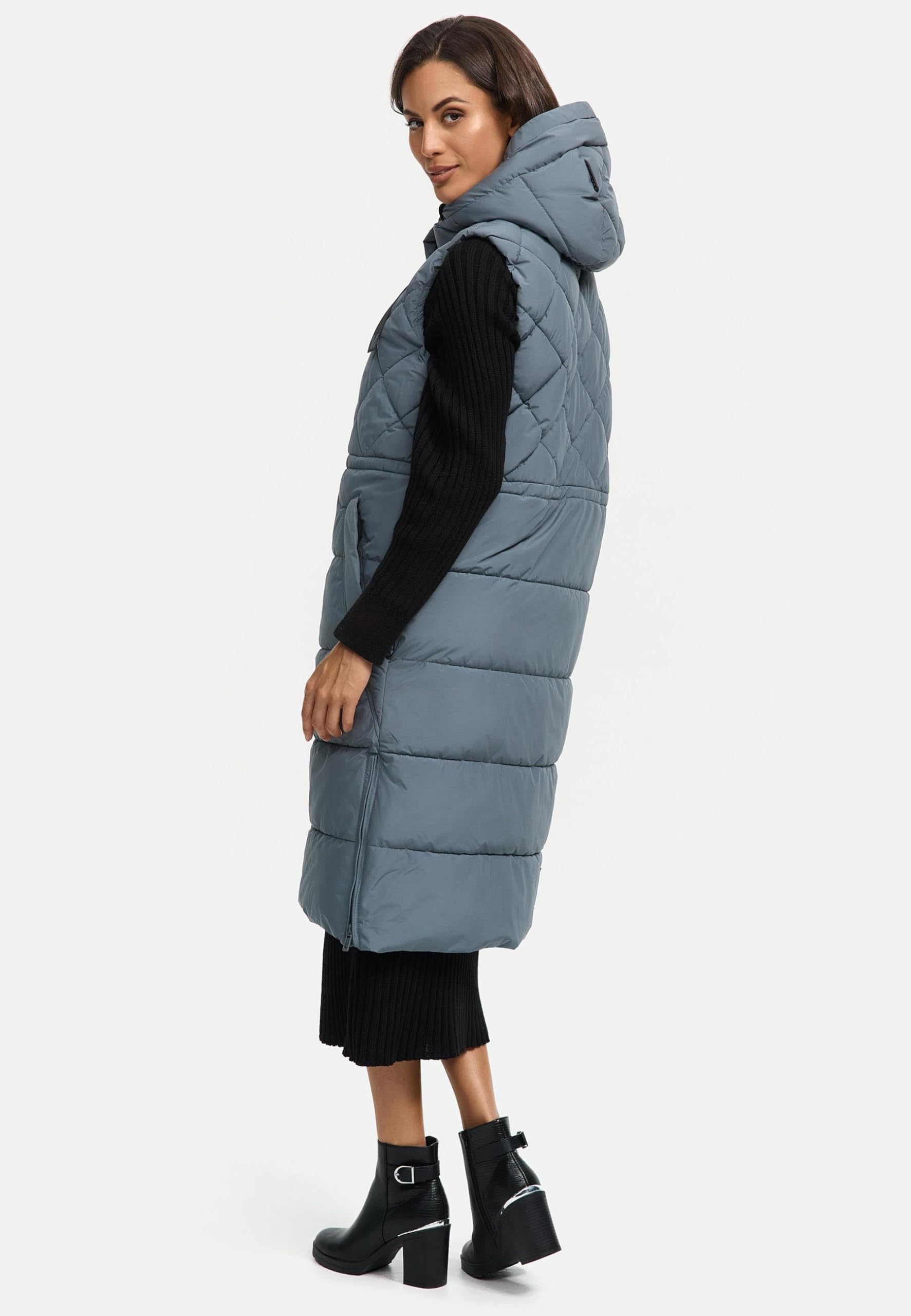 MARIKOO Gilet lungo da donna senza maniche lungo trapuntato caldo in materiali riciclati con cappuccio Narikaa 16 XS-3XL