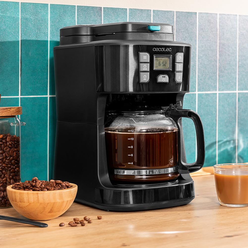 Cecotec Coffee 66 Grind & Drop Drip Cafetières à Goutte. 1086 W, Moulin à Lames, Jusqu'à 12 Tasses, Technologie Extremearoma, Cafetière Goutte à Goutte Numérique, Acier Inoxydable, Arrêt Automatique