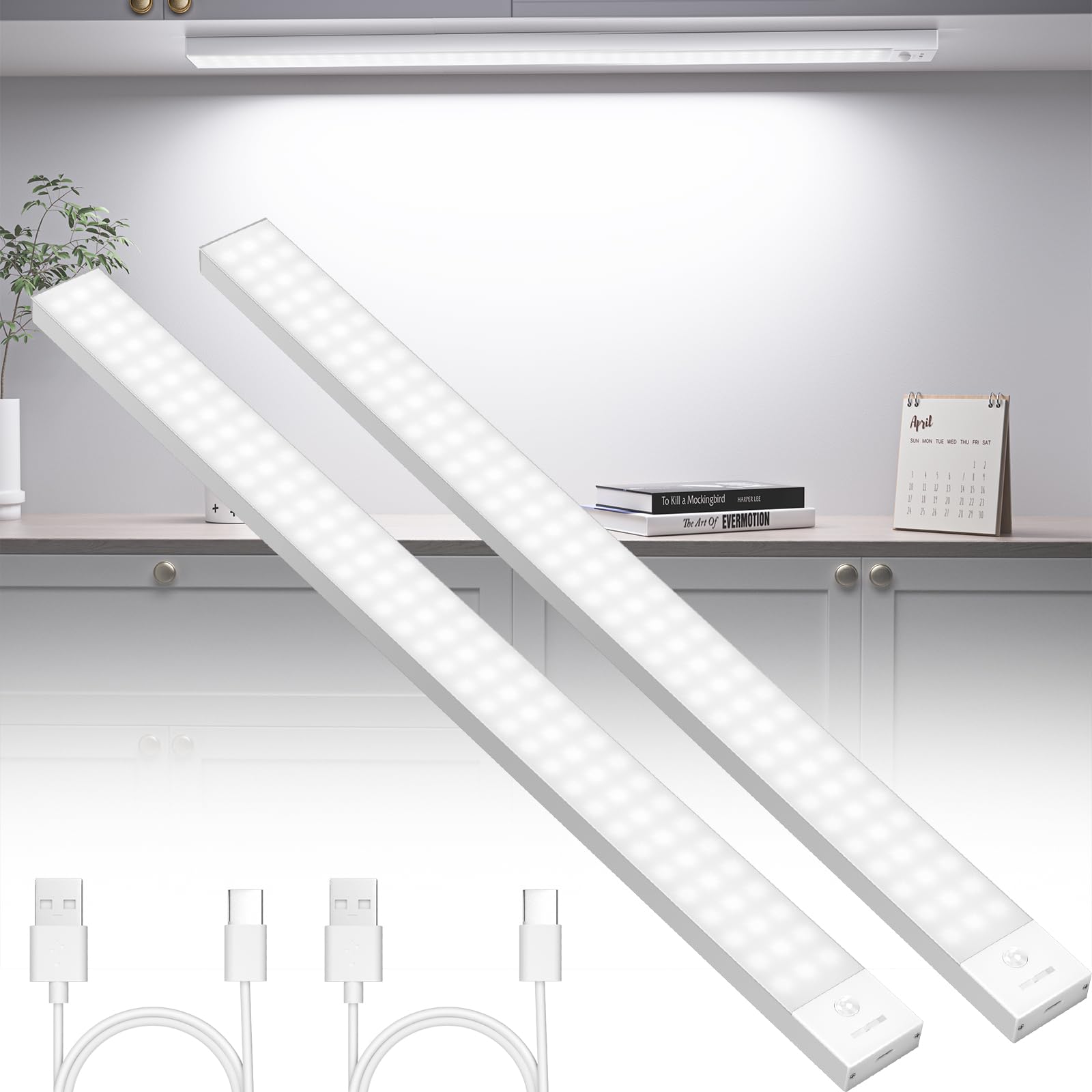 OUILA Luce Led Sottopensile Cucina 60cm, 2PCS 5000mAh 4 Modalità con Sensore Movimento,5000K Luce Armadio Led con Sensore per Armadio Scale Corridoio Garage Letto