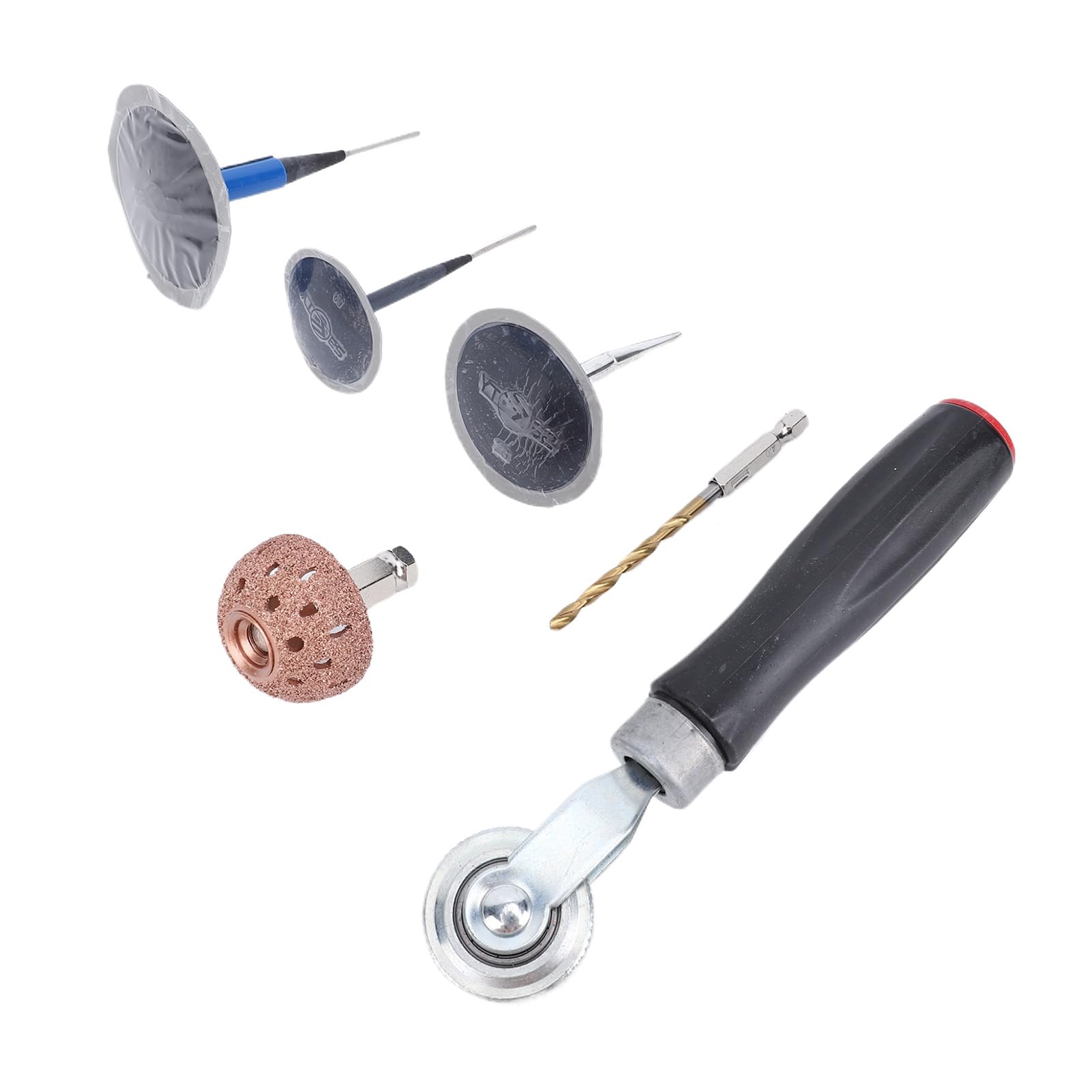 Kit Strumento Patch Riparazione dei Pneumatici, 27pc Strumenti Riparazione Patch Professionali con Volante Buffing Rulli Tappo per Trapano 4 Mm per Auto Camion Bici Moto Scooter