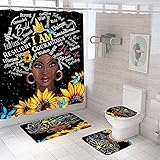 Sunflower Afro Lady with Quote Bathroom Set with Rugs and Accessories African American Shower Curtains Fabric Waterproof Durable Toilet Lid Cover Rug Sets,4Pcs Black Background Bathroom Curtain