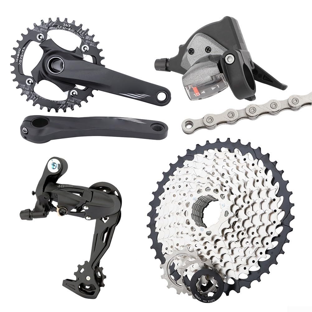 Honseadek Grupo de bicicleta de montaña de 10 velocidades con bielas huecas 32T/34T/36T y 50T Cassette Kit de transmisión de aleación de aluminio, para actualización de ciclismo MTB