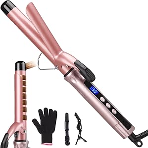 Curling Iron 1 Inch Long Barrel with Clamp, Hair Curler Wand Dual Voltage for Traveling, Wave Style Tool with Tourmaline Ceramic, Adjustable Temp LCD Display
