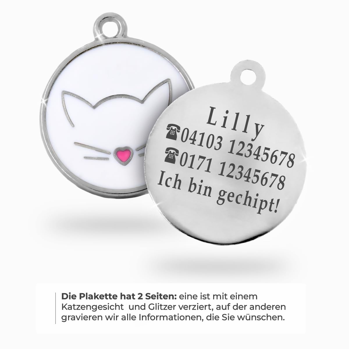 Médaille Chat Personnalisée Avec Gravure Pour Tous Les Âges - En Forme de Tête de Chat (Blanc)