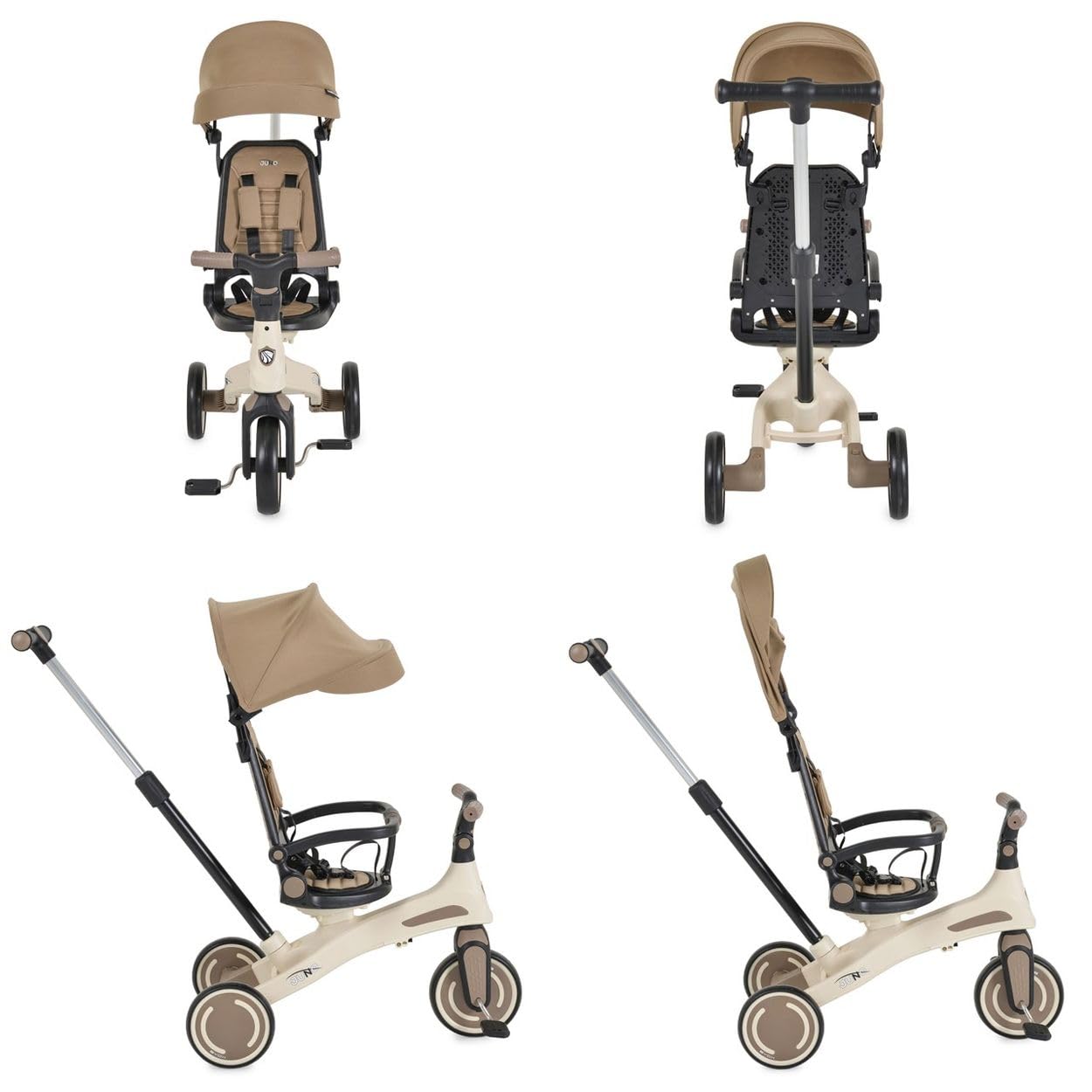 Dreirad, Tricycle Juno 4 in 1 Laufrad Schiebegriff Sitzdrehung Sonnendach beige