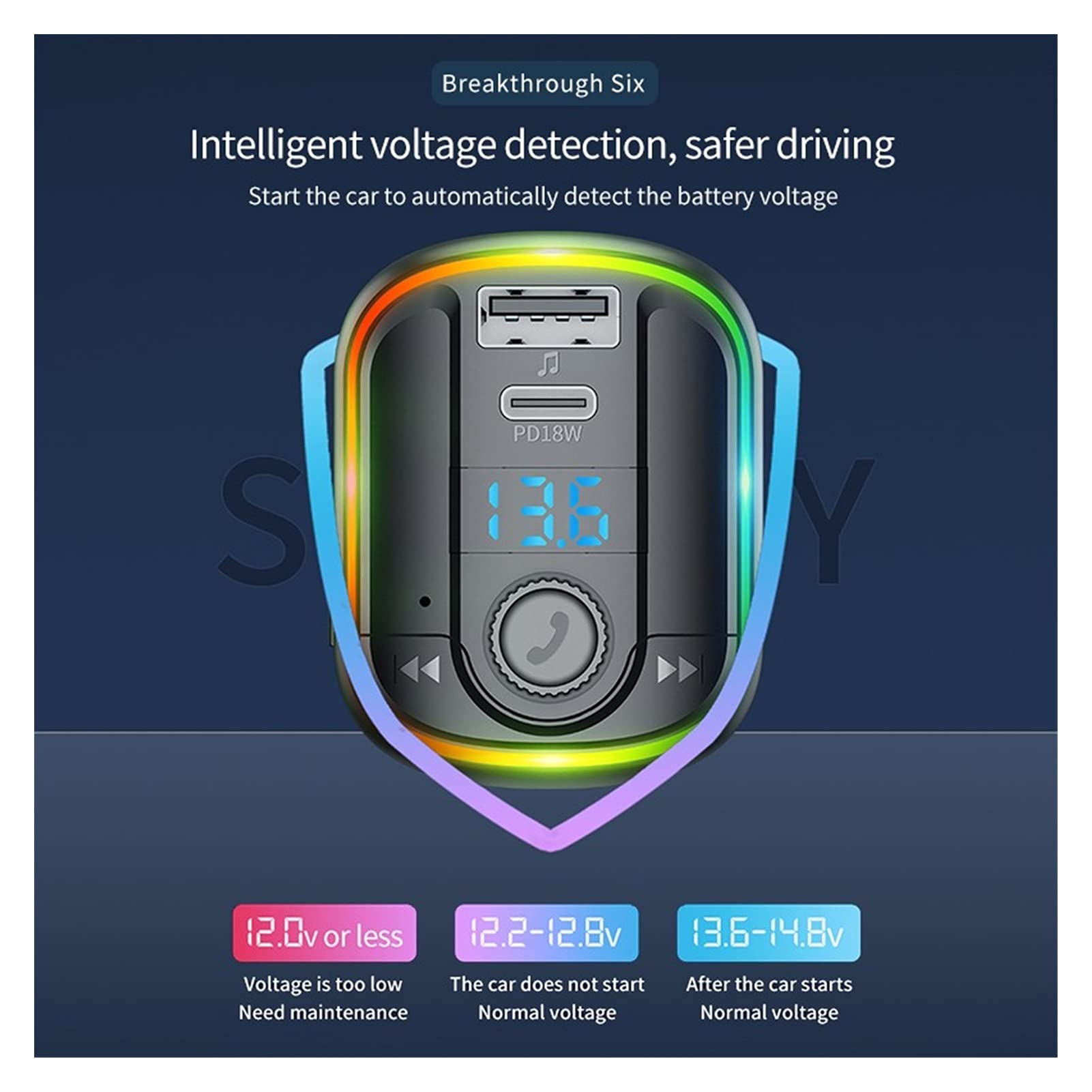 Adaptateur Audio Bluetooth FÉMININ Kit de Voiture de transmetteur Mains Libres sans Fil Bluetooth 5.0 MP3 Joueur USB PD 18W Chargeur Rapide Mains Libres atmosphère colorée lumières