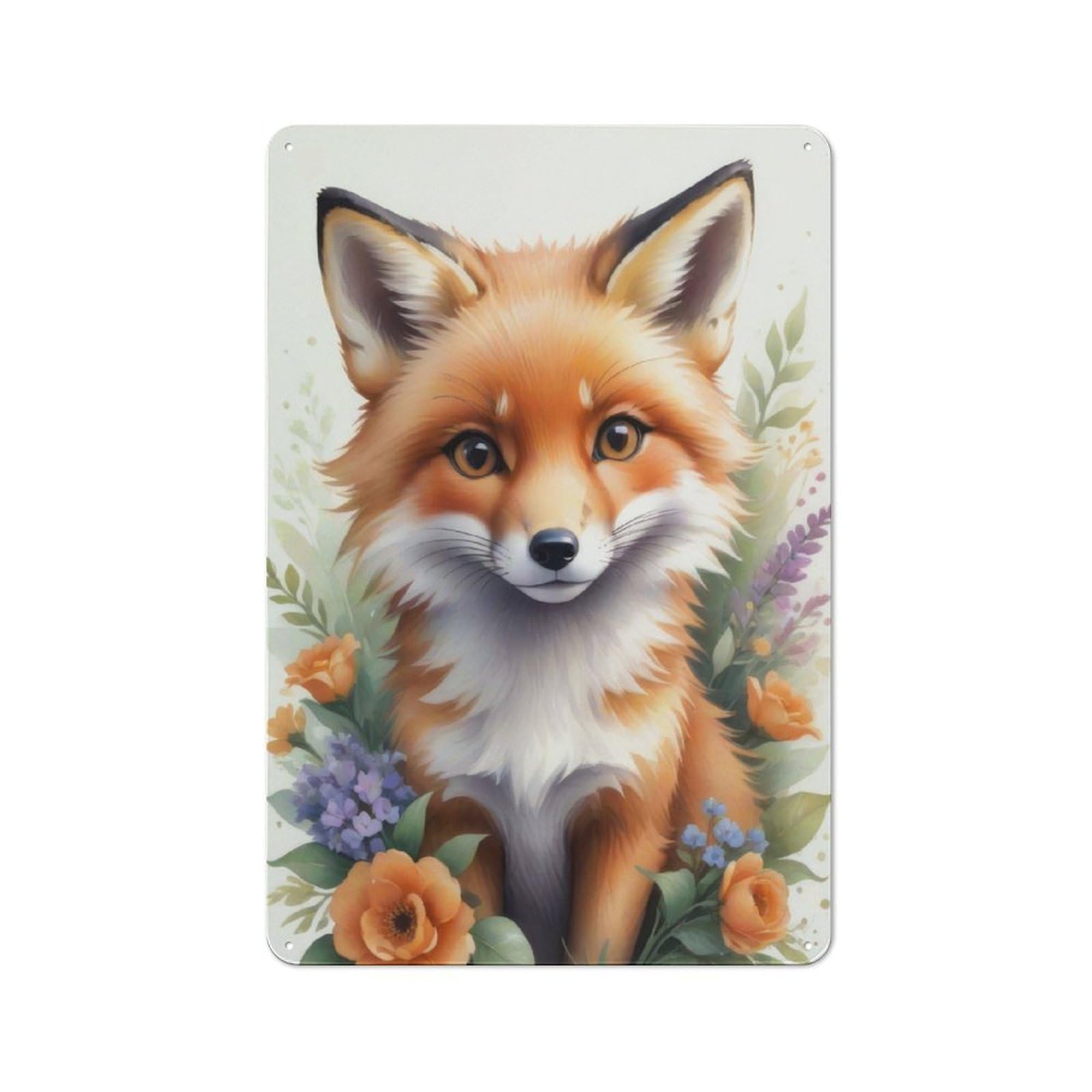 Junmoney Watercolor Floral Fox Metal Sign 30X20cm With For Workshop Wall, Rustic Decor, Wall Decoration For Workshops And Hobby Rooms