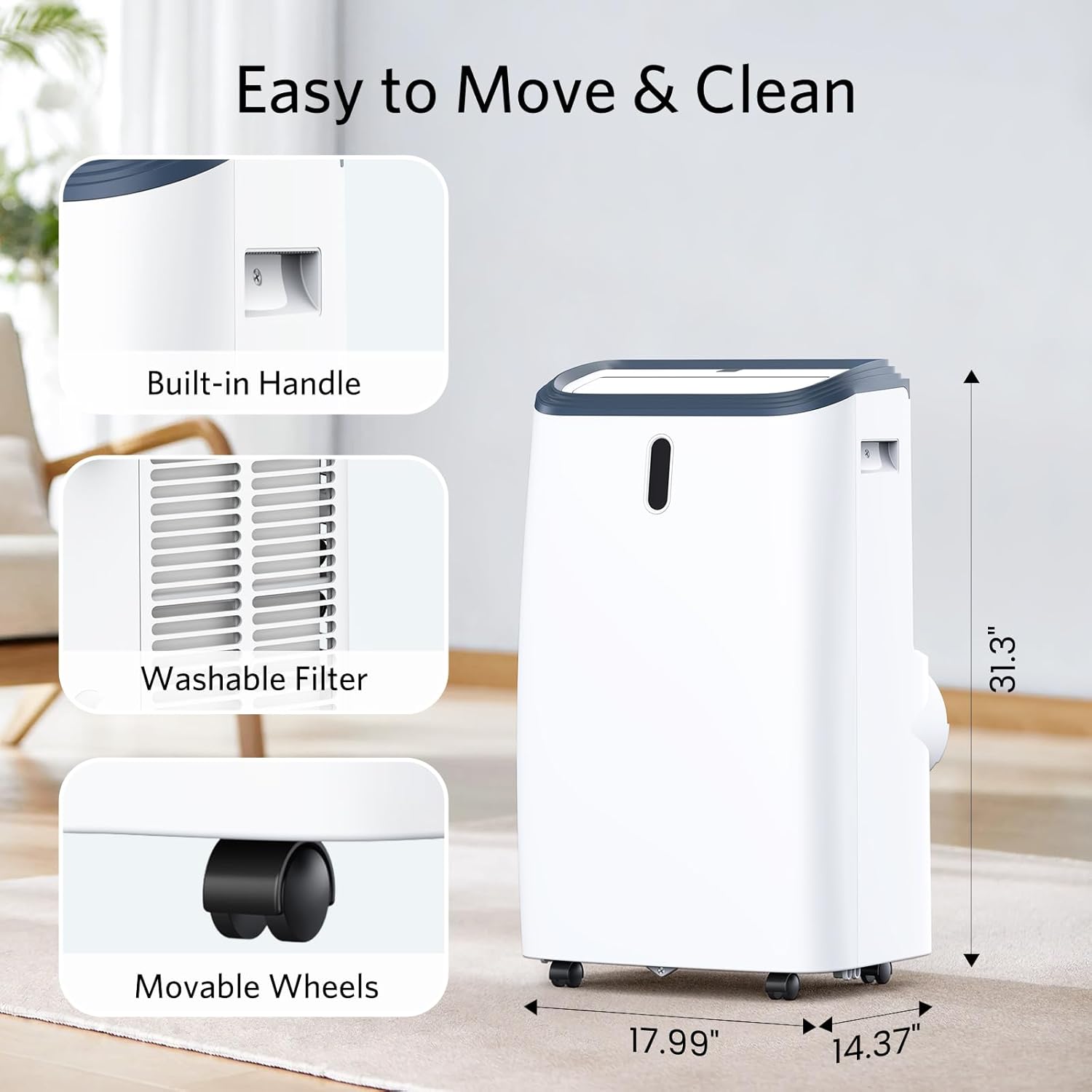 Portable AC unit with wheels and handles for easy movement