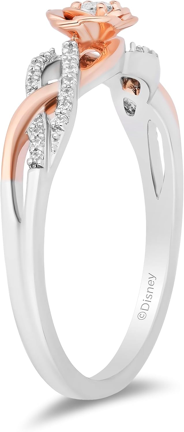 Jewelili Enchanted Disney Fine Jewelry Belle Ring for Women | 14K Rose Gold over Sterling Silver | 1/10 CTTW Natural White Round Diamonds | Disney Princess Jewelry Gifts for Her