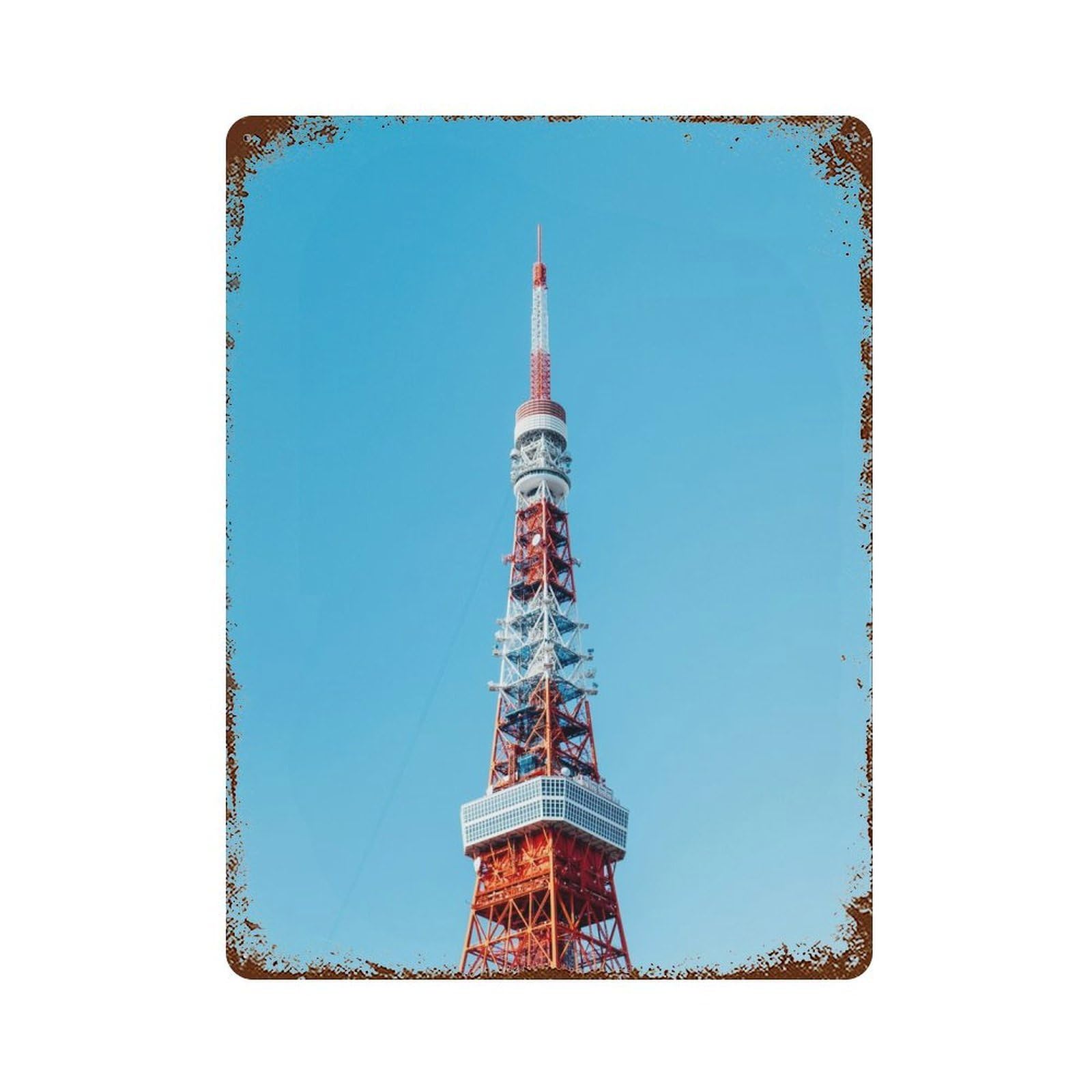 Rust Effect Tokyo Tower Aged Metal Wall Plaque 15.7"x11.8", Rustic Home Decor for Bistro, Counter And Cafe Decor