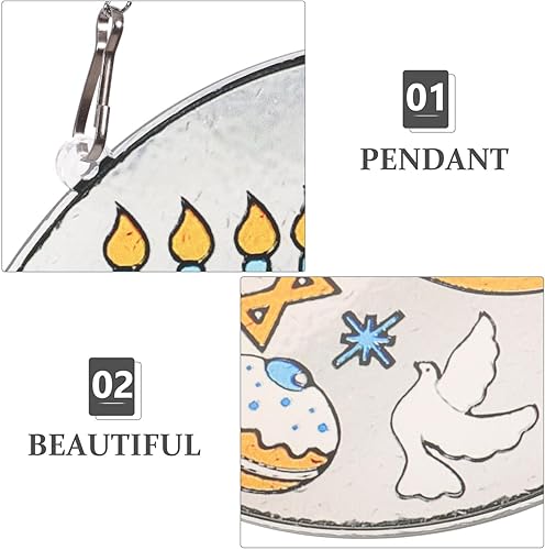 Miniatura 8 de EXCEART Atrapasoles de Hanukkah Janucá - Adorno colgante de vitrales judíos para ventana, David Star Dove Dreidel Latkes pintado a mano, panel