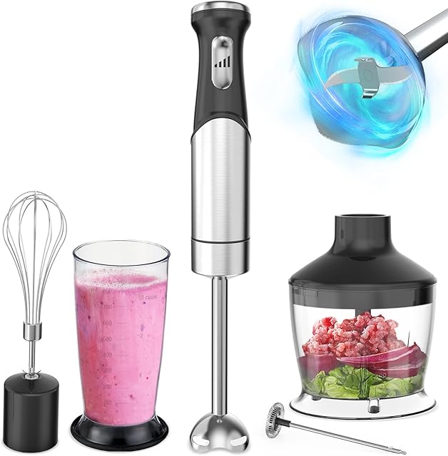 Hand Blender 1200W, UUOUU Immersion Blender Stick Electric with Stainless Steel Blade, Food Chopper, Milk Frother, Egg Whisk, 800ml Beaker for Soups, Baby Food