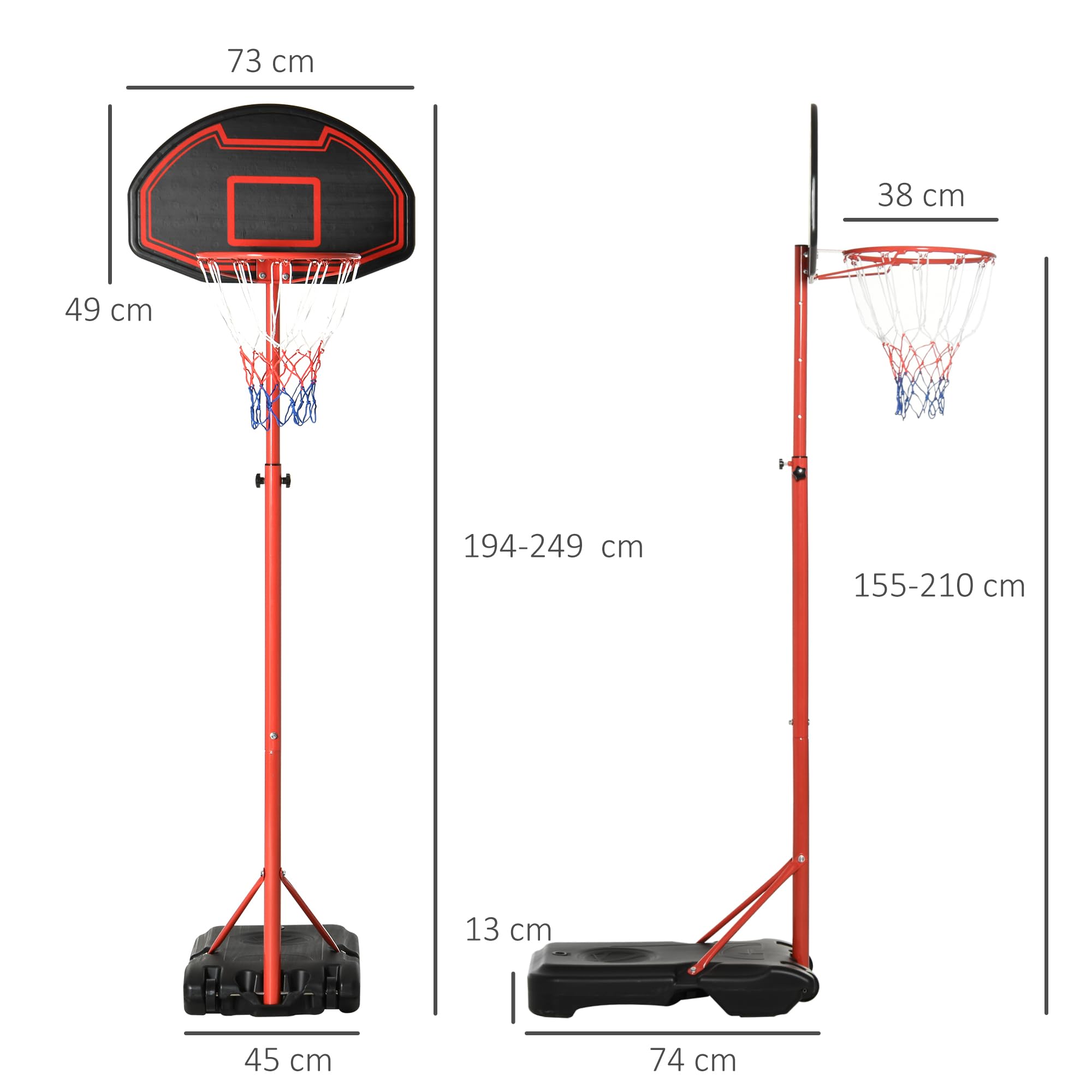 HOMCOM Canestro Portatile Canestro Basket da Esterno con Altezza Regolabile 193.5-248.5cm e Base da Riempire con Acqua o Sabbia, in Acciaio e Nylon 73x49x194-249cm