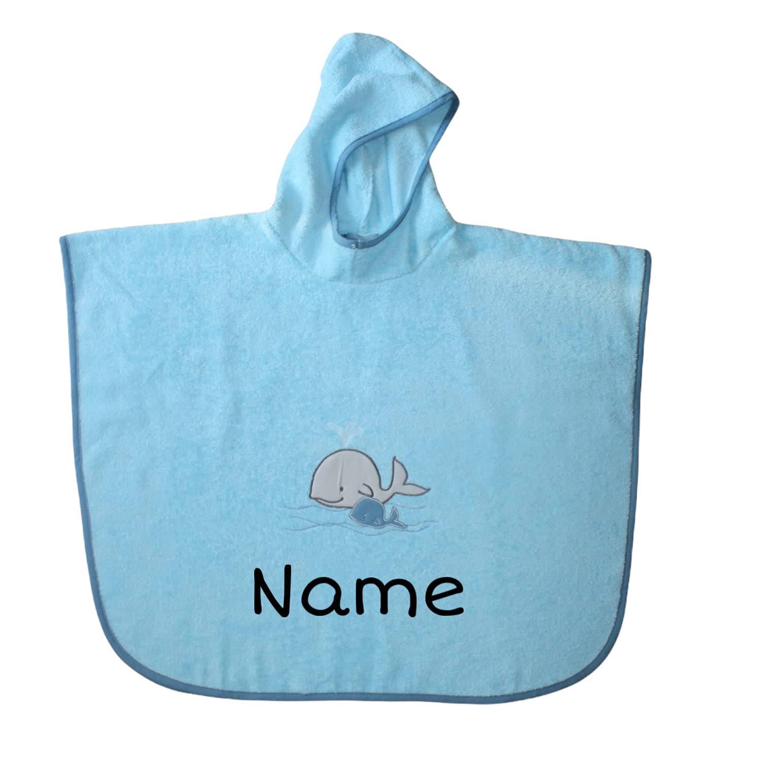 Set Kinder Poncho + Waschlappen personalisiert | 100% Bio Baumwolle | personalisiert mit Namen | Baby Kapuze Bademantel | Badeponcho | Kinder Badetuch | bis 7 Jahre (Walfamilie Türkis)