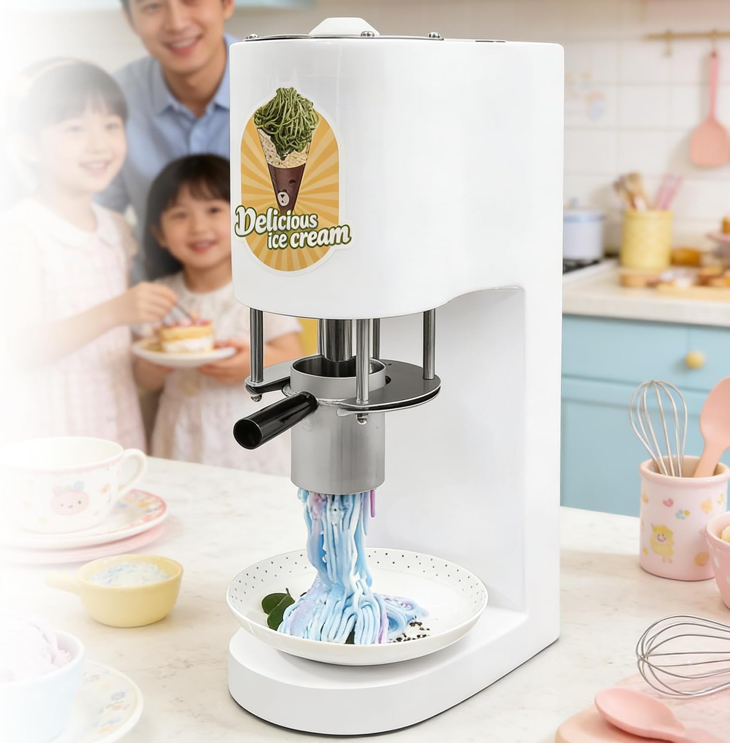 Commercial Ice Cream Noodle Press Machine,Spaghetti Ice Cream Maker with 4 Molds, High Output Extruder for Restaurants, Snack Bars and Dessert Stores