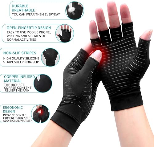 Miniatura 2 de Ricbestlab Guantes de cobre para artritis para mujeres y hombres, sin dedos, transpirables y absorben la humedad, guantes de compresión para