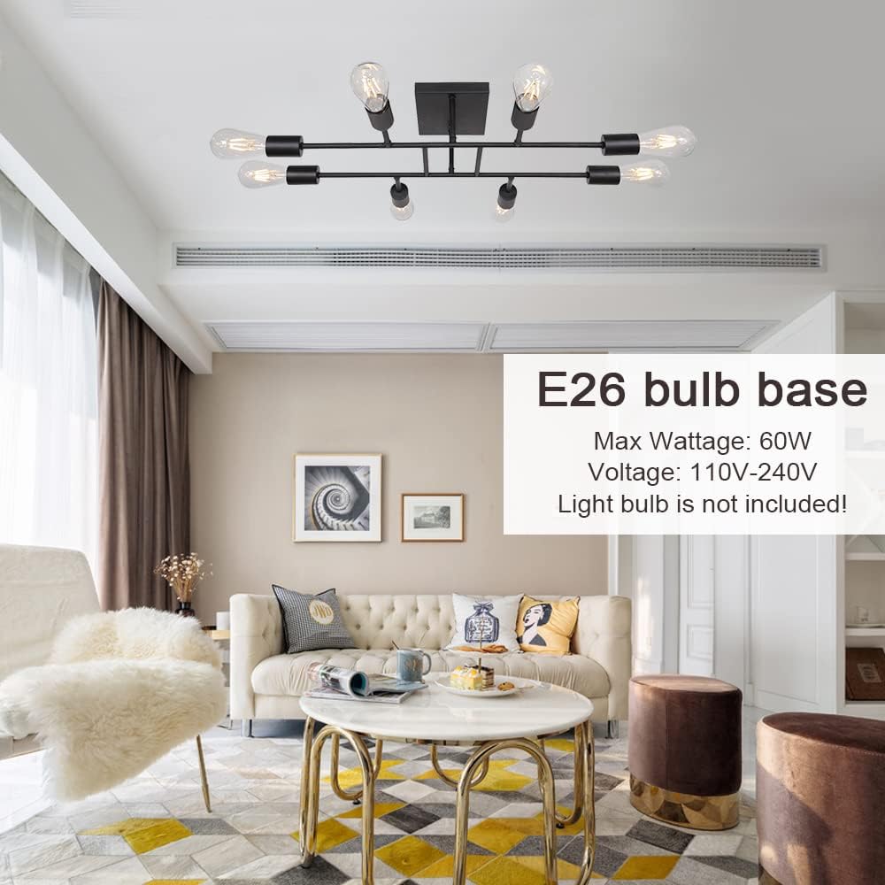 Limited Stock TULUCE Modern Ceiling Light Semi Flush Mount Light Fixture Mid Century Black Sputnik Chandeliers with 8 Lights Kitchen Light Ceiling for Bedroom Dining Room Living Room Lighting
