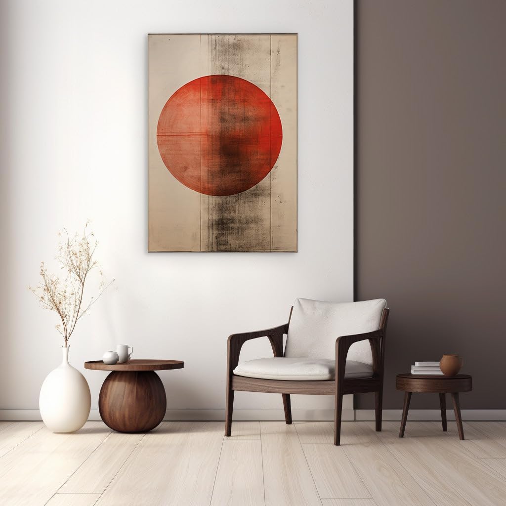 Canvas for Living Room. Captivating Simplicity: A Deep Red Circle's Gradient Journey on a Beige Canvas, 27 x 18 inch Canvas Wall Art - Modern Home Decor