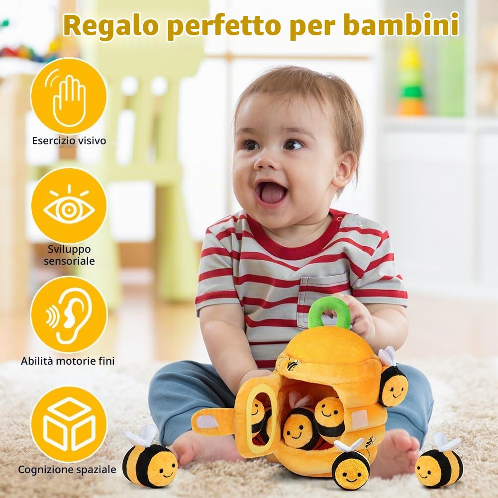 Vicloon Giochi Neonato-Alveare Morbido, dai 6 ai 12 Mesi, Morbido Giocattolo a Forma di Alveare con 5 api Sensoriali, Regali di Compleanno/Pasqua/Natale per Neonati(Alveare Morbido)