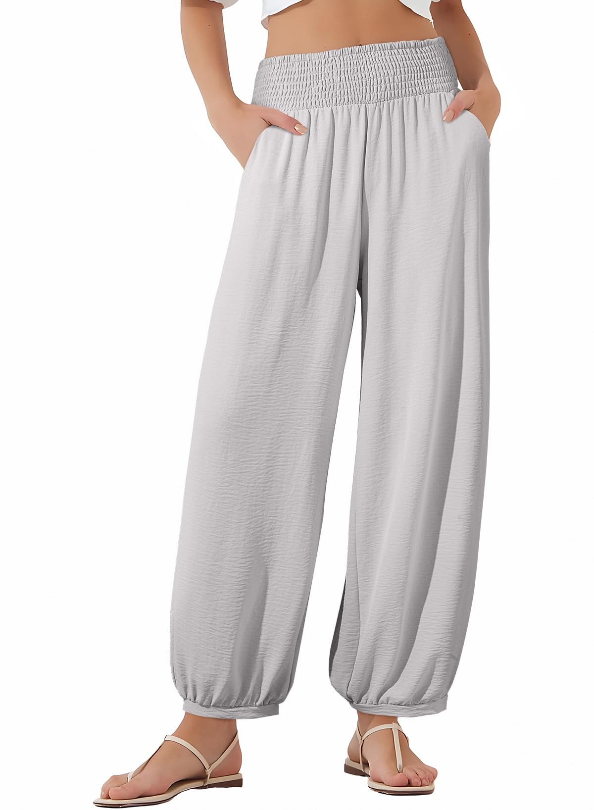 EVALESS Womens Wide Leg Baggy Pants Elastic High Waisted Casual Harem Pants Trousers with Pockets