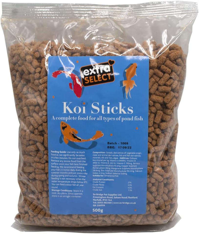 Extra Select Koi Sticks – Koi Food Pond Sticks, Complete Pond Fish Food for Garden Pond Ornamental Fish to Promote Vibrant Colour & Healthy Nutrition – 500g Bag