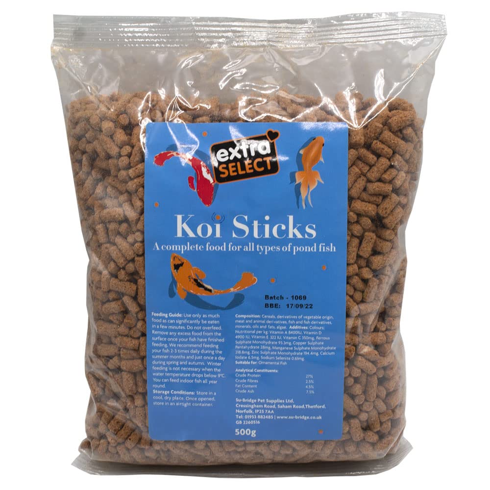 Extra Select Koi Sticks - Koi Food Pond Sticks, Complete Pond Fish Food for Garden Pond Ornamental Fish to Promote Vibrant Colour & Healthy Nutrition - 500g Bag