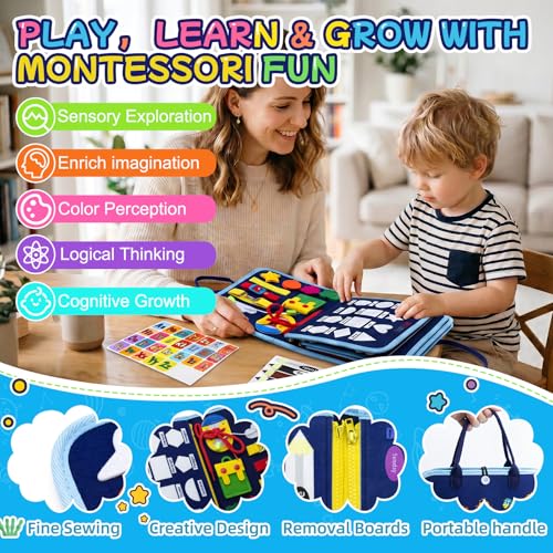 Image of Montessori Busy Board for Toddlers, 8 Pages 30+ Activities Sensory Toy, Toddler Learning Toys with ABC Numbers Shapes, Travel Toy, Preschool Educational Gift for Boys Girls, Blue Dinosaur