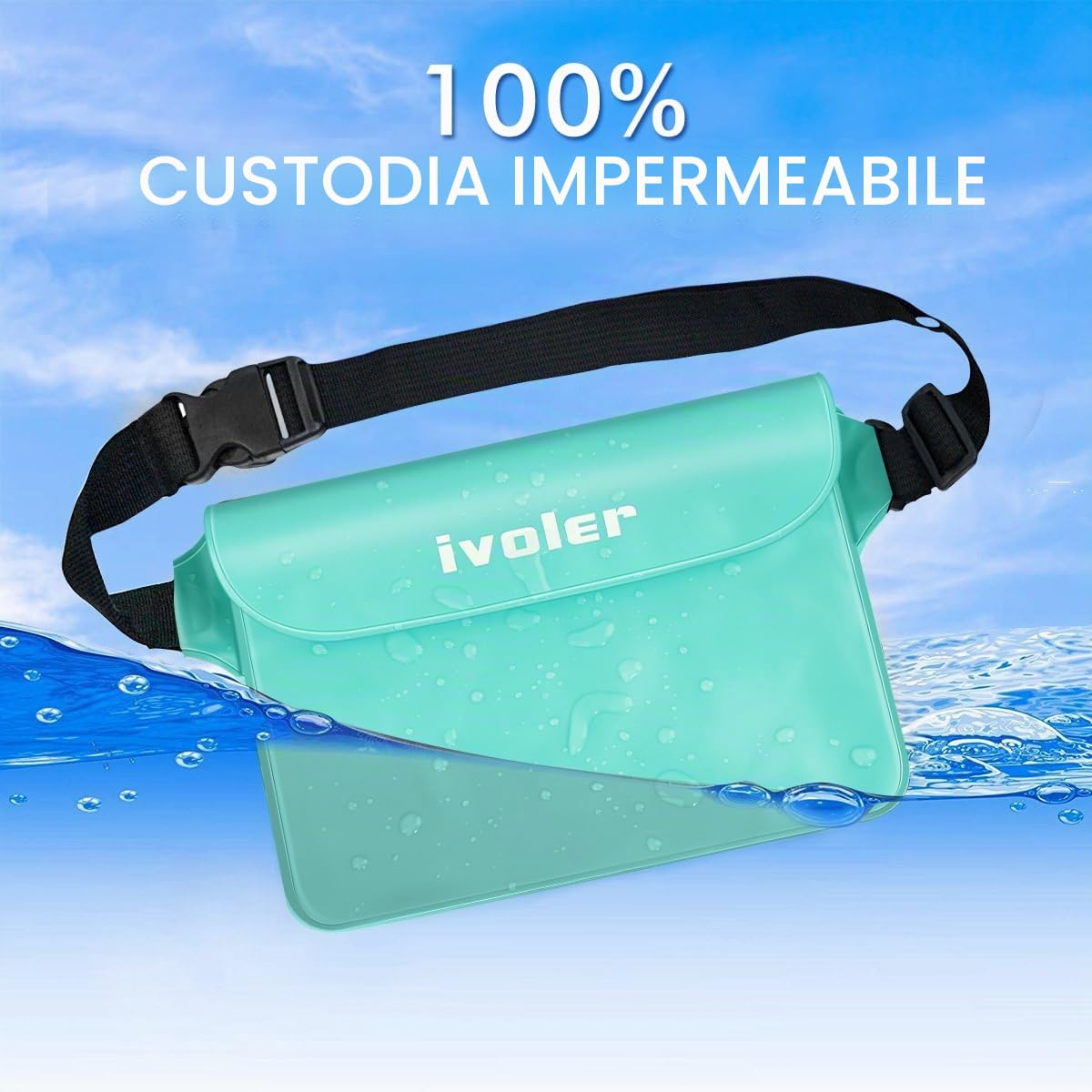 iVoler Kit Impermeabile con Borsa Marsupio e Custodia Smartphone IPX8 per Sport Acquatici Pesca Vela Sci Mare Escursione, Protezione per Cellulare Portafoglio Documenti - Verde Menta