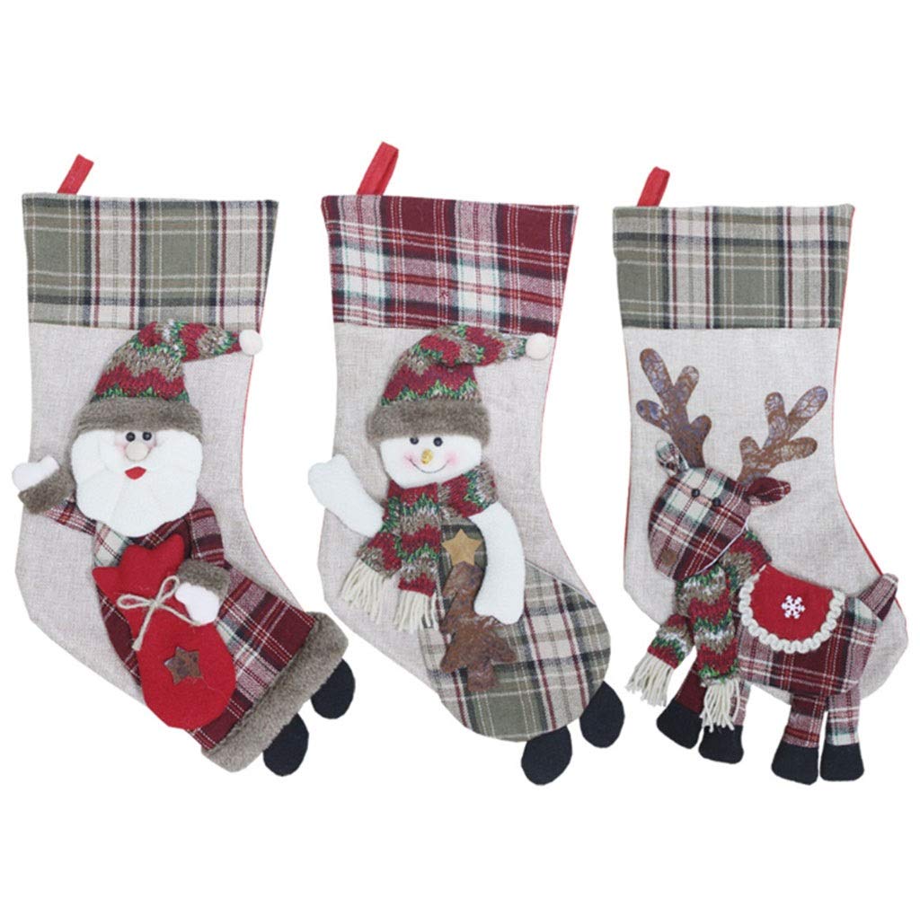 Large Christmas stockings, 3D holiday characters retro handmade candy gift bag hanging socks, used for Christmas family party holiday decorations, 3 packs, 48CM