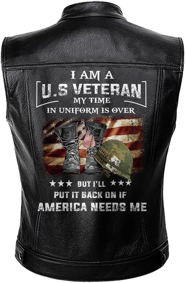 America Needs Me|Proud Us Army Veteran|Custom Name |Men Black Leather Vest Jacket Coat