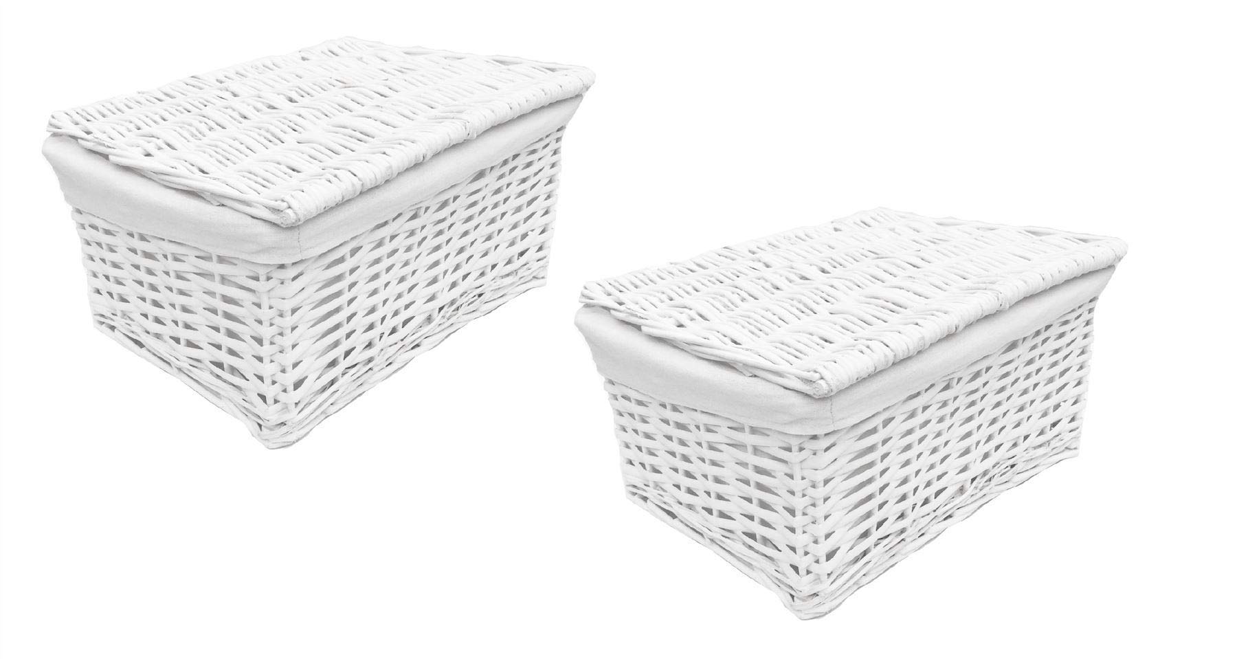 Topfurnishing White Set Of 2 Wicker Storage Basket With Lid Lining Xmas Hamper Set Of 2 Large (40X30x20cm)