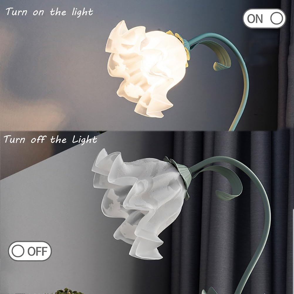 Schreibtischlampe Glas Blume, Vintage Nachttischlampe mit 3 Farbtemperaturen, Grüne Tischleuchte mit Flexiblem Arm, für Schlafzimmer, Wohnzimmer