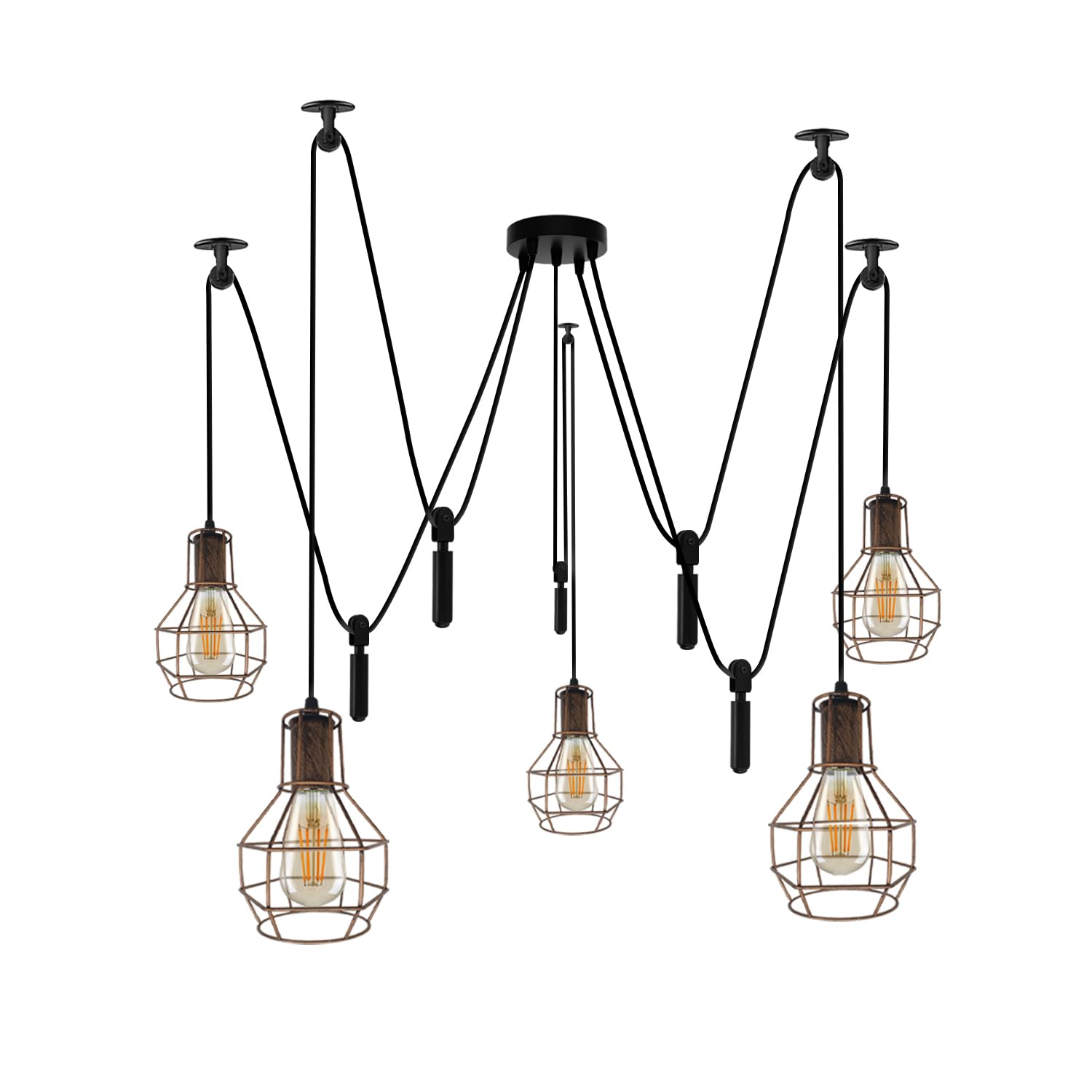 5 Way Brushed Copper Industrial Pulley Pendant Light with E27 LED Bulbs Included, Adjustable 100cm Hanging Wires, Metal Ceiling Plate 12cm, Vintage Geometric Cage Ceiling Lighting for Dining Room