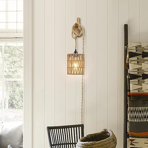 Miniatura 8 de Lámpara colgante bohemia enchufable, luz colgante con cable enchufable, lámpara de techo cilindro de ratán con interruptor de encendido y apagado,