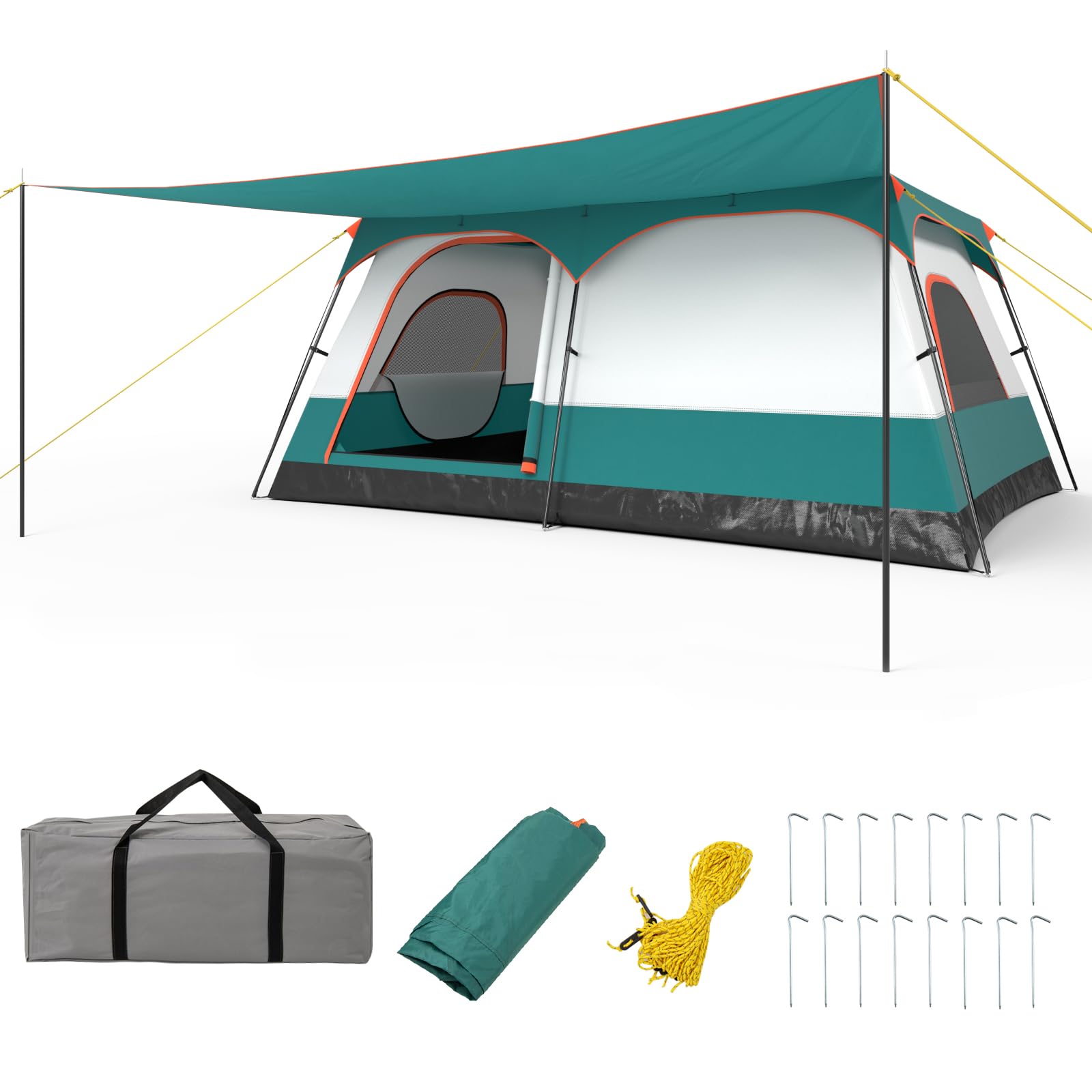 COSTWAY 2-Room Camping Tent, 8-10/6-8/4-6 Man Family Dome Tent with Porch, Removable Rainfly, 2 Doors, 2 Mesh Windows & Carrying Bag, PU 1000MM Waterproof Sun Shelter for Hiking (420 x 305 x 200cm)