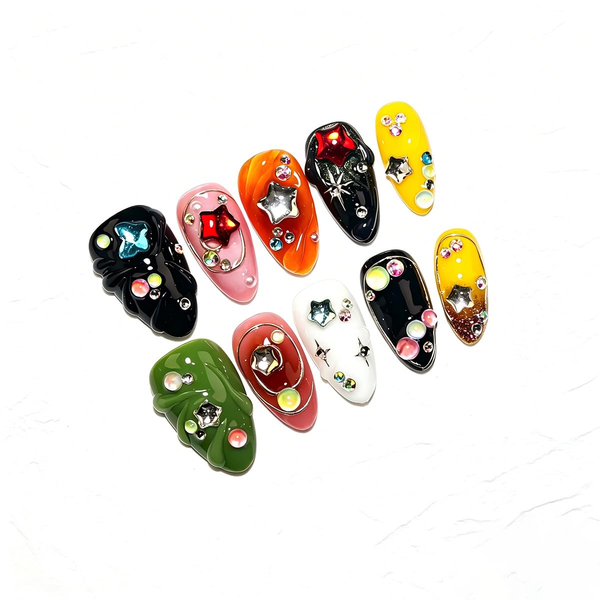 10 Pcs Handmade Short Almond Press On Nails - Easy Apply & Remove, Reusable & Salon Quality | Y2K Gothic Multicolor Fake Nails with 3D Star, Gemstone & Swirl Sculpted Accents (EG01, S)