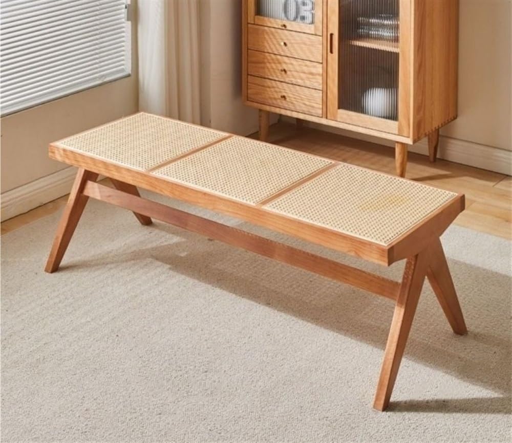 Ręcznie wykonana ławka rattanowa z litego drewna 138 cm x 45 cm x 45 cm ręcznie tkane siedzisko z trzciny dla 2-3 do wewnątrz/na zewnątrz jadalni i przedpokoju stylowe meble do wystroju domu