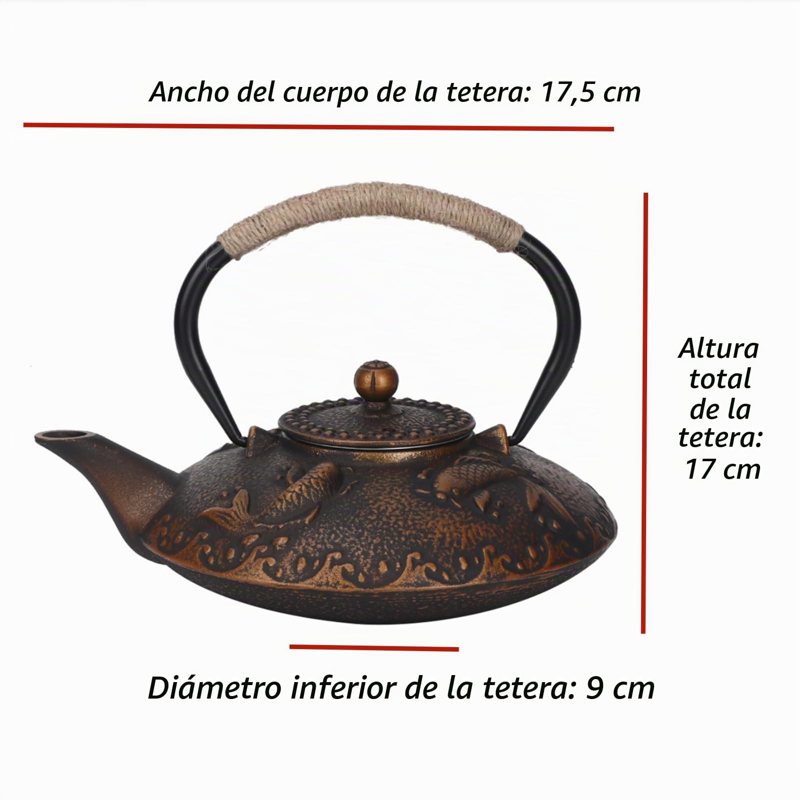 Hervidor de Estilo Japonés 0.9L Hierro Fundido Patrón de Pez Koi Hervidor Elegante Mango para el Hogar Tetera de Agua con Tapa para Colección