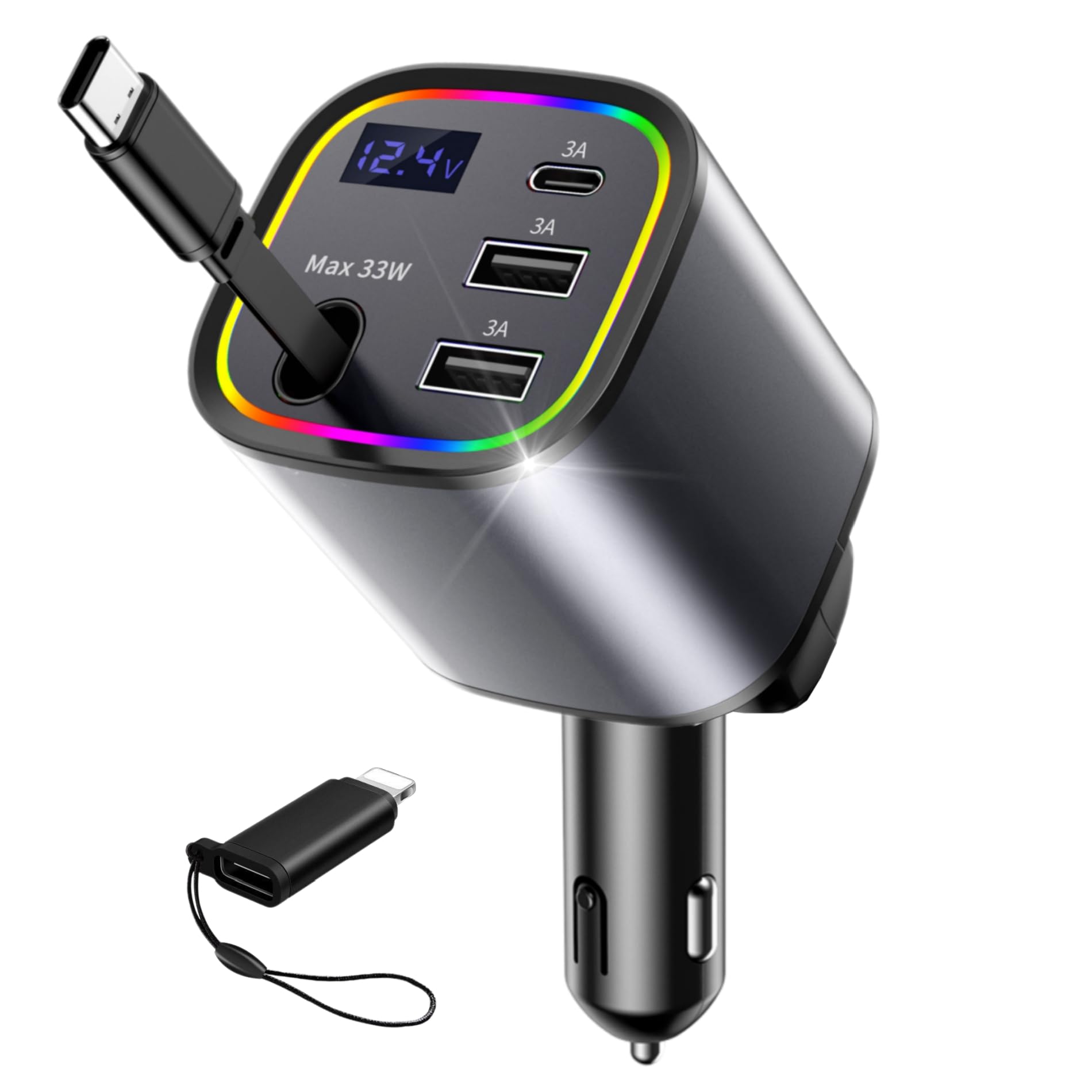Retractable Car Charger Fast Charging 78W, AGEMANY 4 in 1 USB C Car Charger for iPhone 16 15 12 13 14 Android, Cigarette Lighter Adapter with RGB Light, Car Accessories Gift for Men Women (Grey)