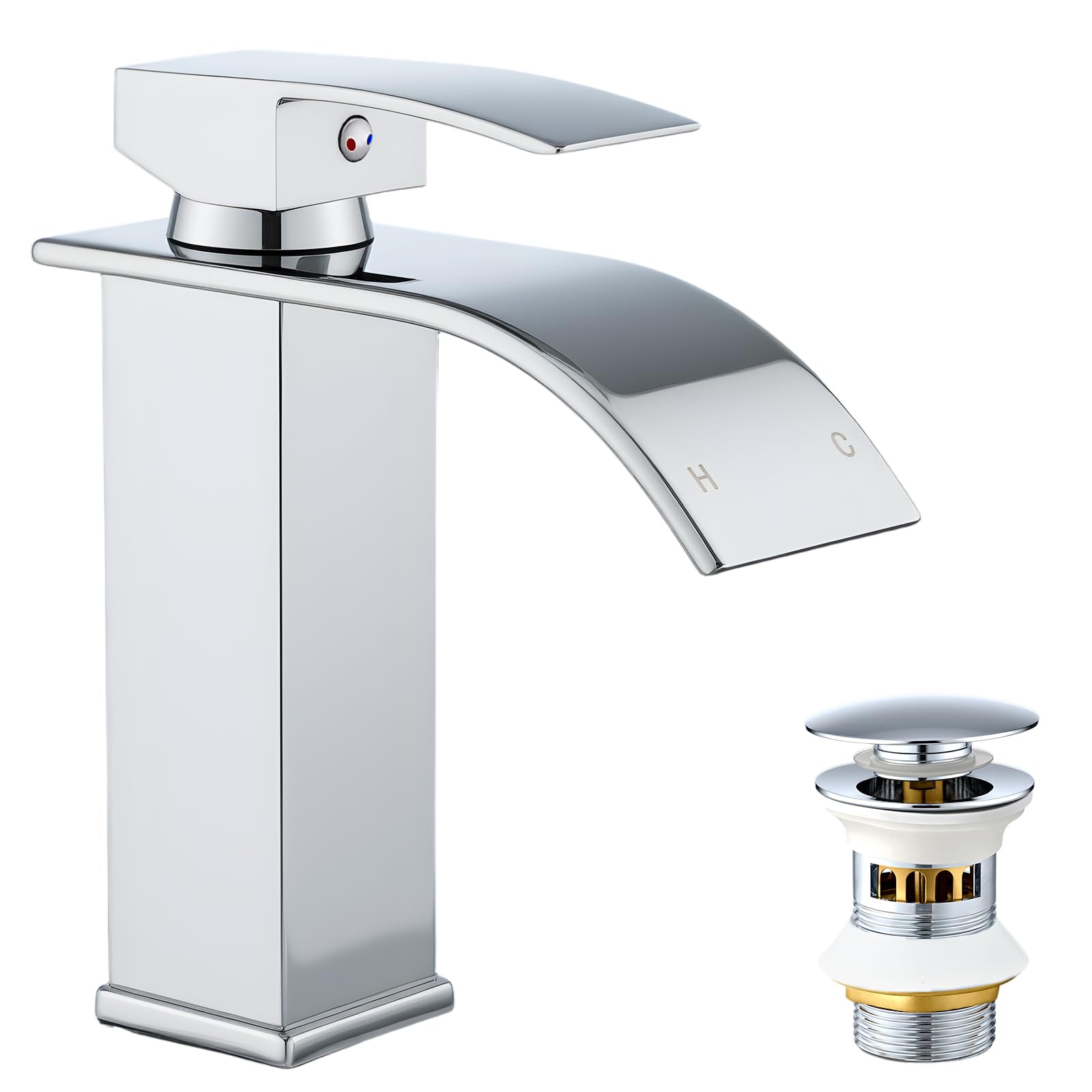 VONATES Bathroom Taps, 304 Stainless Steel Waterfall Tap with Ceramic Valve Cartridge, 60cm G1/2 Hoses, Easy to Install