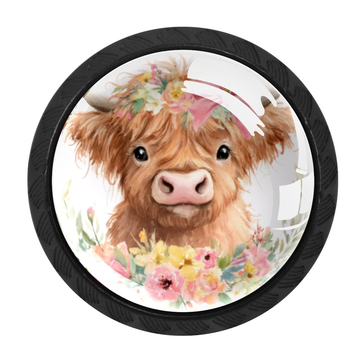 HEOEH 4 PCS Cabinet Knobs, Highland Cow Floral Drawer Knobs Dresser Handles