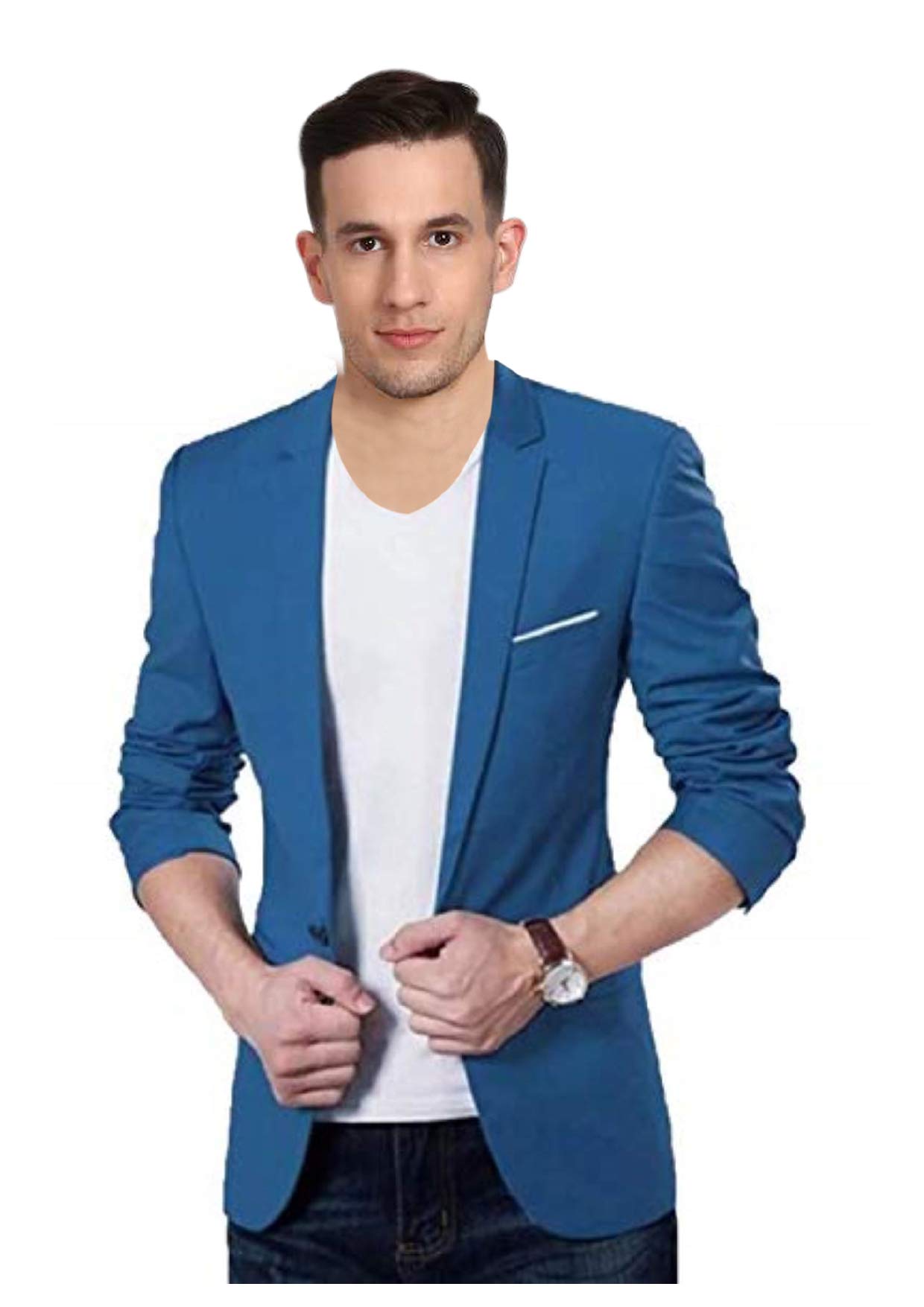 Solid Single Breasted Casual Men Blazer (Blue)-image-12