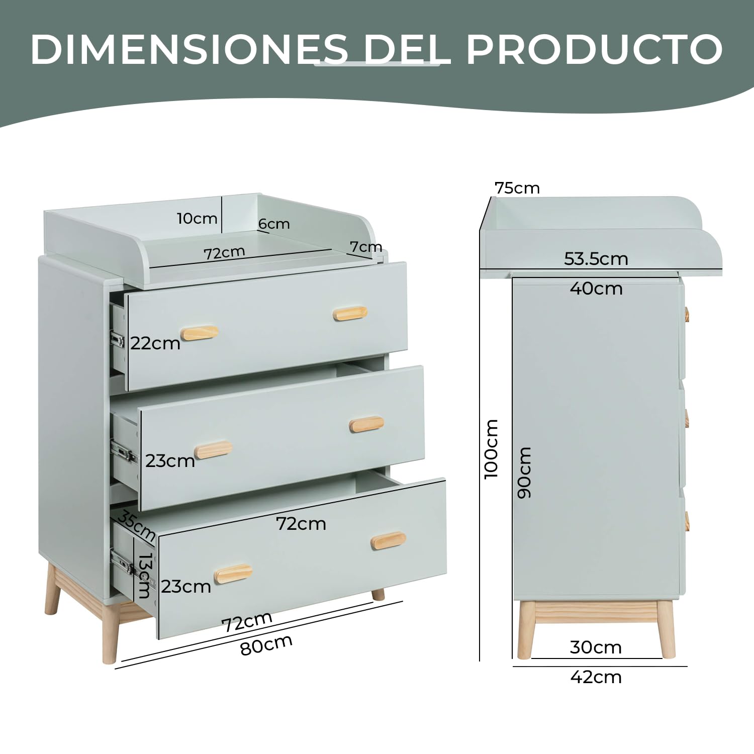 Rebecca Mobili Mueble con Cambiador, Cómoda Cambiador, Verde Agua Marrón, MDF Pino, Compacto, con Cambiador Desmontable - Medidas AxAnxFon: 100 x 80 x 42 cm - Art. RE6985