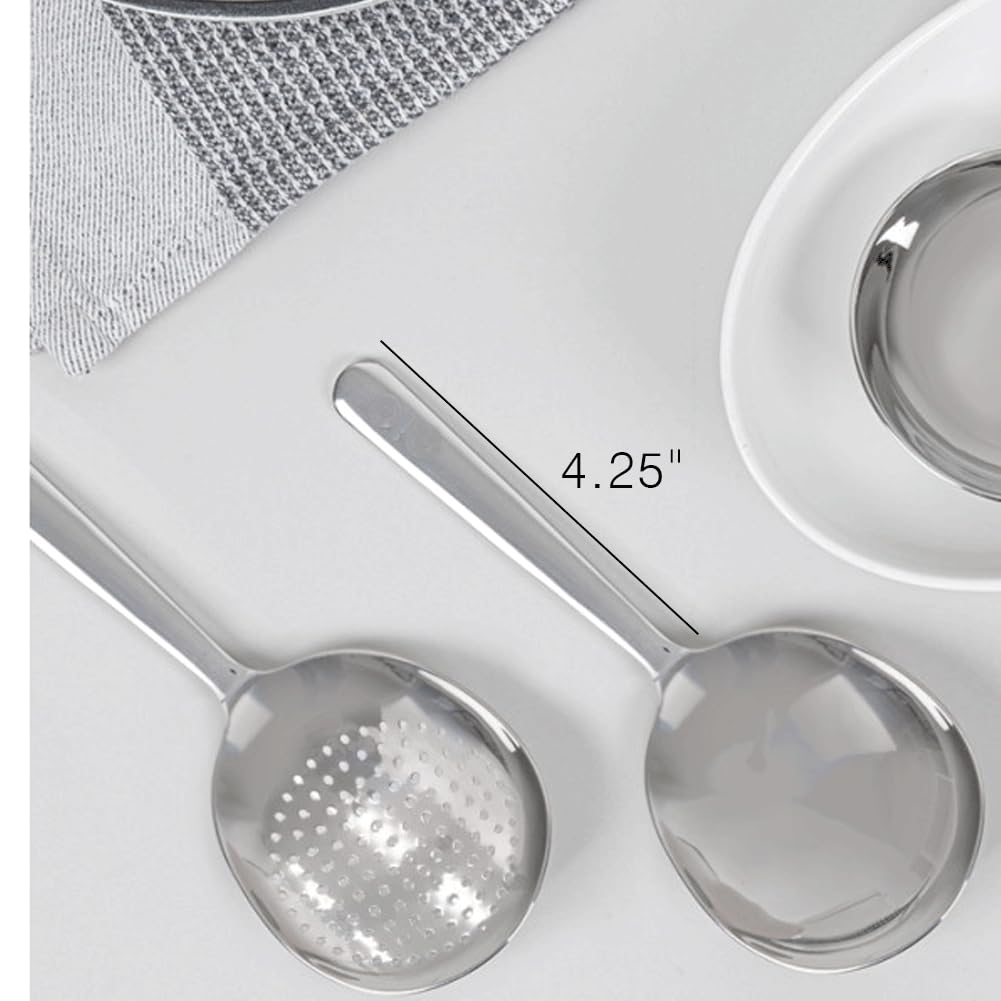 KKU-MIM Skimmer & Ladle Set, Korean Style Serving Ladles, 1x Serving Ladle Spoon, 1 x Skimmer with hole, Stainler, 18/10 Stainless Steel, 7Inch Length, Silver,