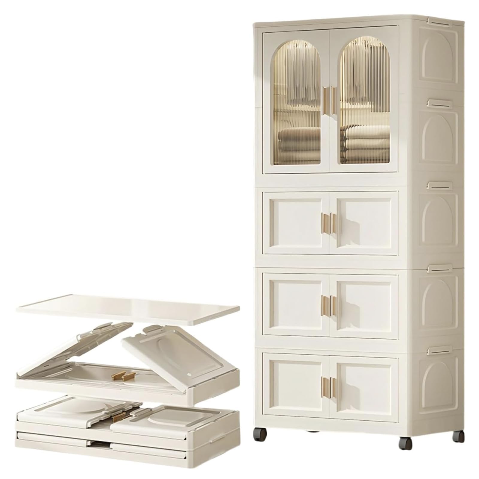 Portable Kids Wardrobe Closet with Door Hanging Rod and Wheels Collapsible Plastic Wardrobe Storage for Children's Cloakroom and Bedroom (4 Tier 70CM/27.5IN)