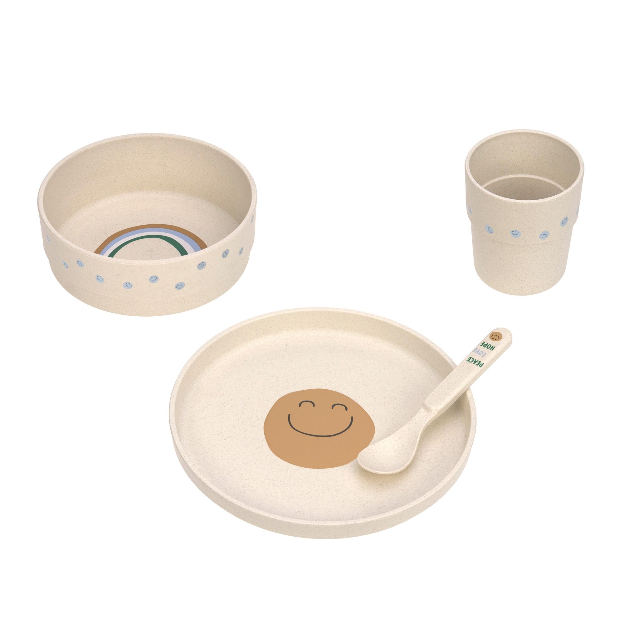 LÄSSIG Set de vaisselle pour enfants (assiette, gobelet, bol, cuillère) sans mélamine, sans BPA, pour lave-vaisselle et micro-ondes/Dish Set Happy Rascals Smile sky blue