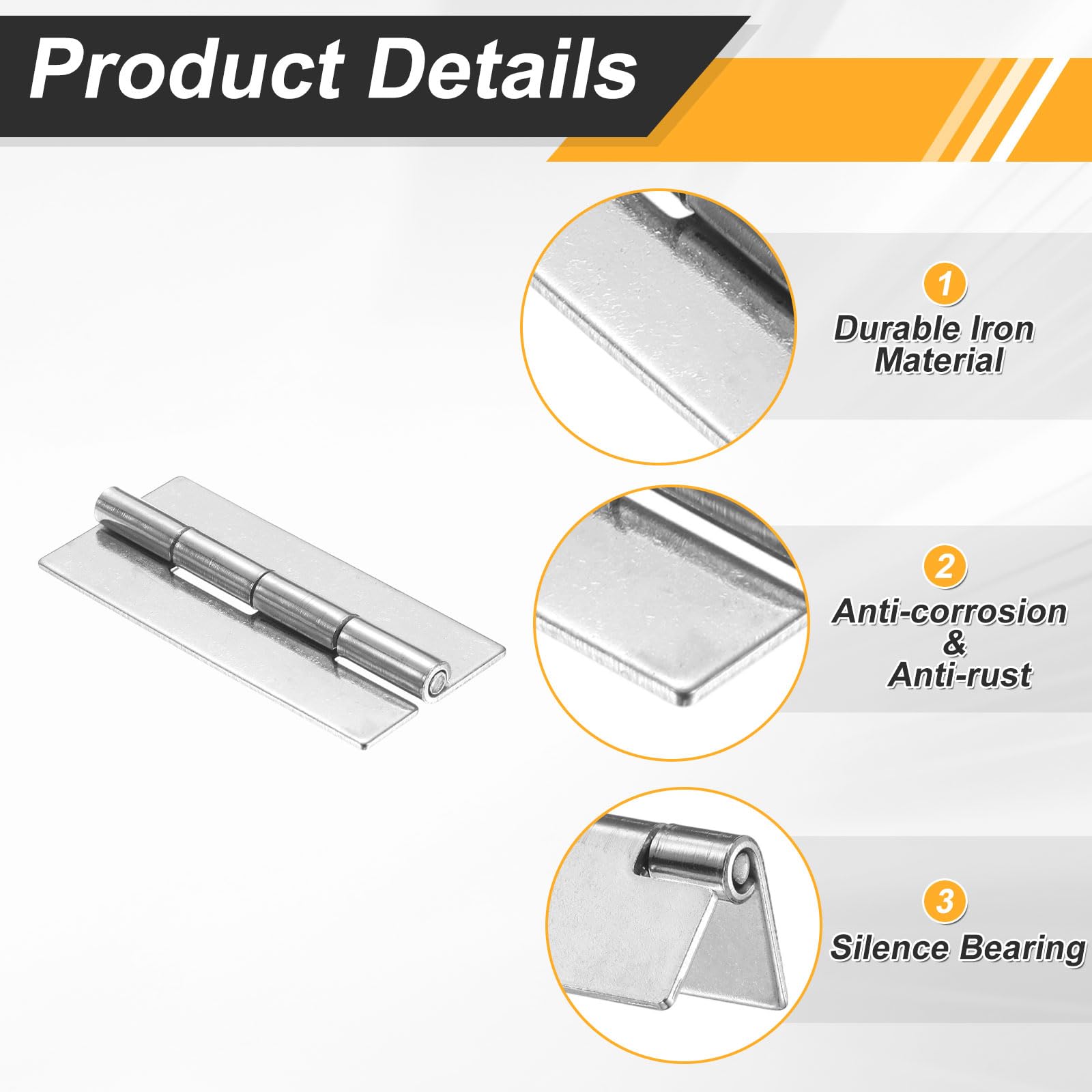 sourcing map 2 Pack Heavy Duty Weldable Hinges, 3" x 1.26" x 0.06" Weld on Butt Hinge 304 Stainless Steel Folding Metal Gate Hinges for Trailer Doors, Silver - Image 3