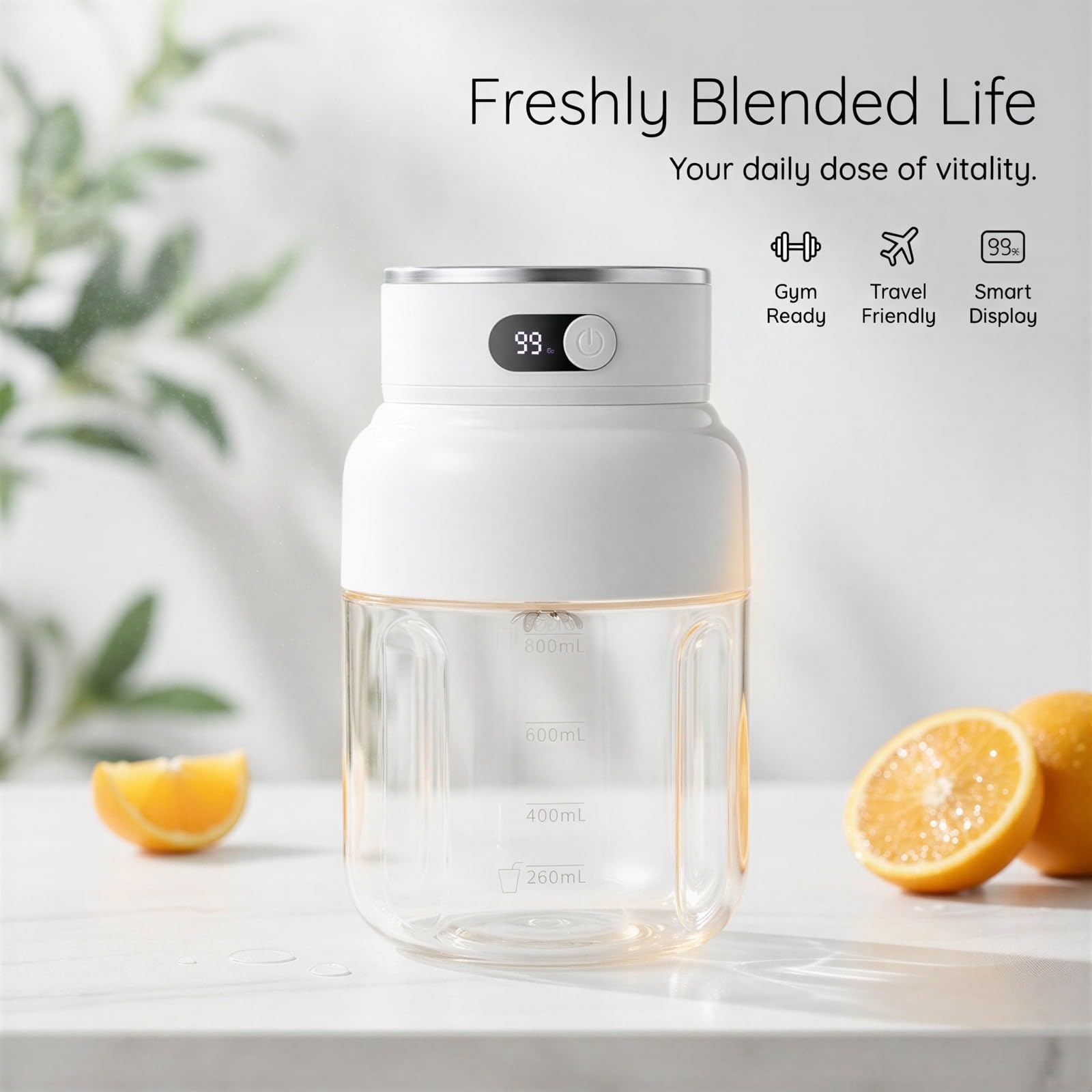 Batidora portátil de 765.4 g, licuadora personal de 80 W con pantalla LED, procesador de alimentos de viaje de acero de 50 paletas, doble tapa, batería de 2600 mAh, recargable por USB para deportes
