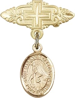 Gold Filled Baby Badge with St. Margaret of Cortona Charm and Badge Pin with Cross 1 X 3/4 inches
