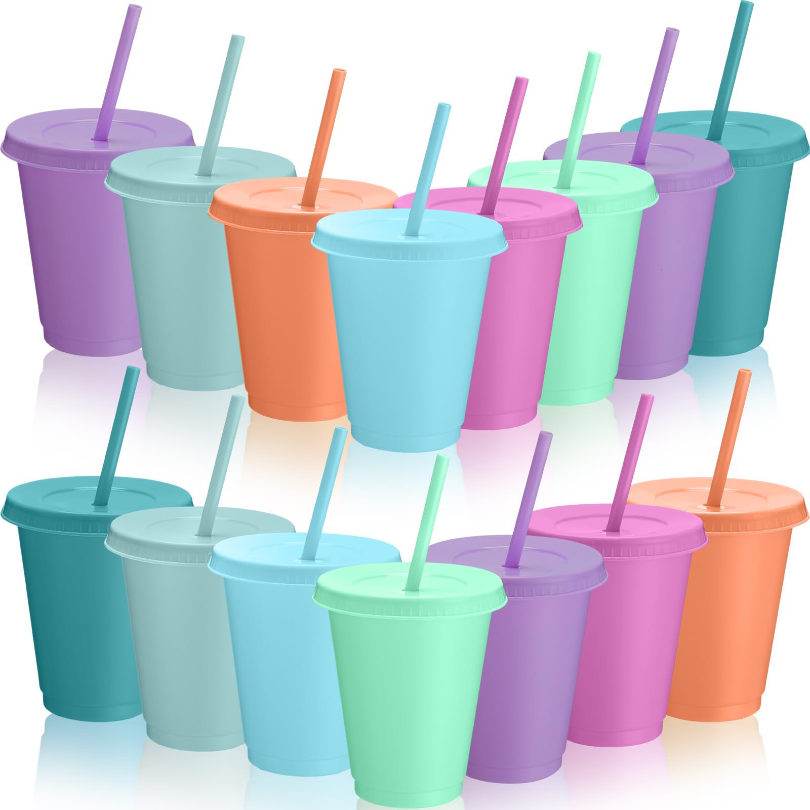 sieral 15 pack cups with straws and lids kids tumbler with straw reusable water bottle iced coffee travel mug adults plastic cups for parties 16 oz (macarons colors)